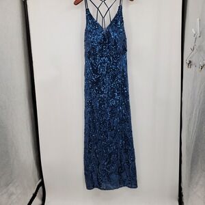 Morgan & Co Y2K Royal Blue Sequin Strappy Back Gown 14W Maxi Formal Dress Prom